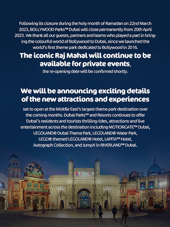 Bollywood Parks Closure Announcement
